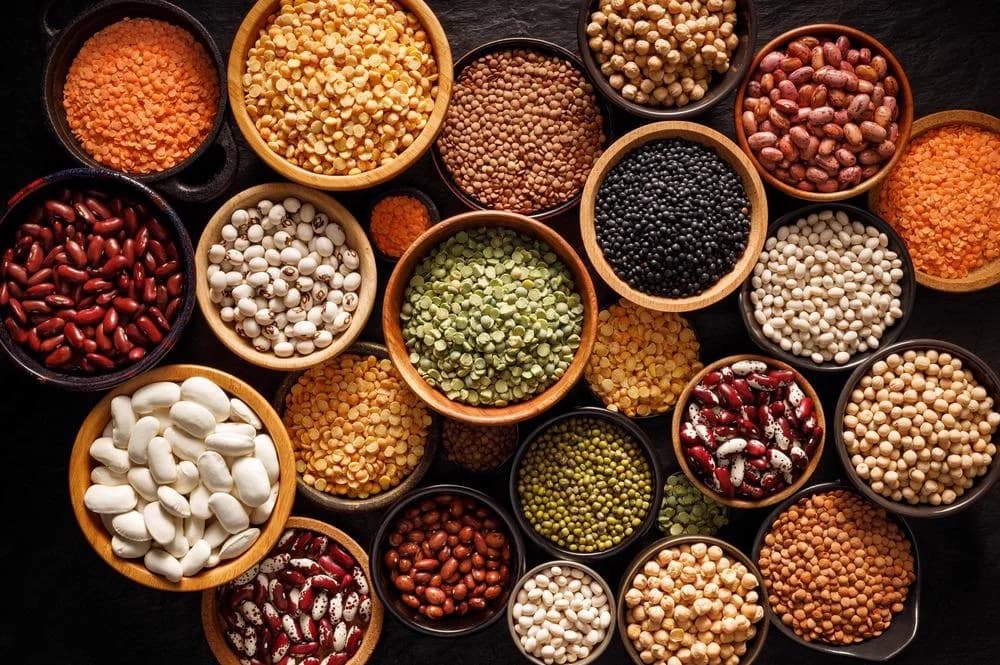 A collection of pulses and lentils in bowls